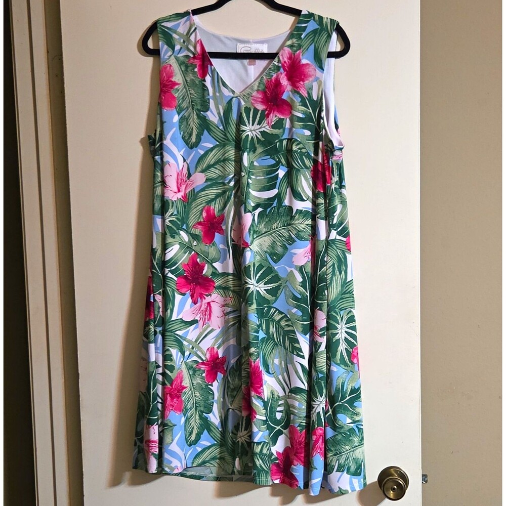 Pappagallo 1X Floral Sleeveless V-Neck A-Line Knee Length Dress Multicolor